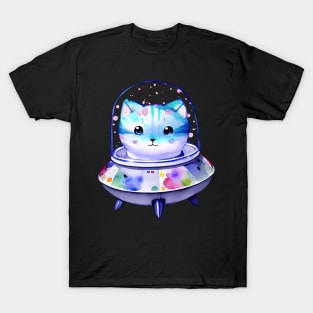 UFO Alien Cat in Spaceship Watercolor Art Cat Mon Cat Dad Cat Lover T-Shirt